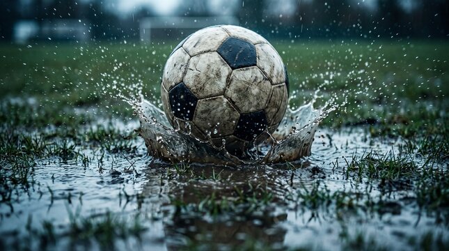 Soccer ball impacts a wet grass field creating a splash
