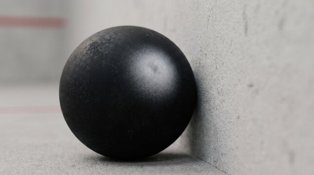 Black squash ball resting against a textured gray concrete wall