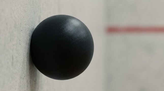 Black squash ball adhered to a textured concrete wall