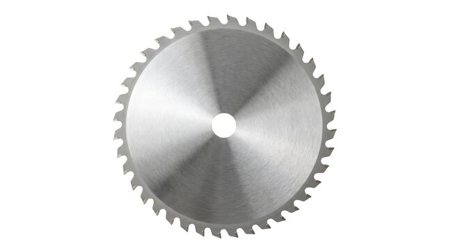 Circular saw blade made of steel for cutting wood on white background