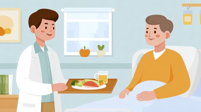 Friendly doctor bringing healthy meal to hospital patient in bright, cozy room
