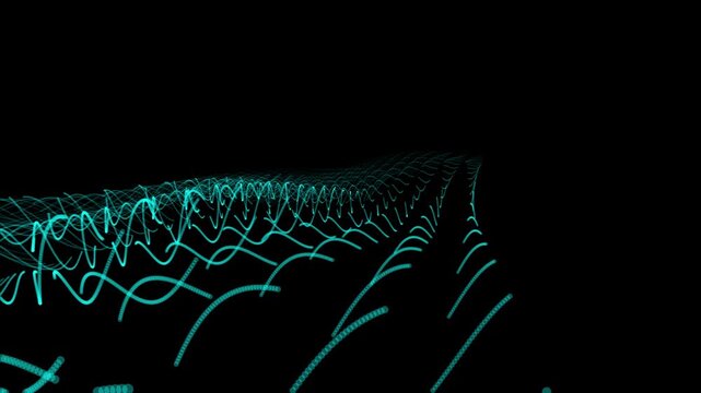 Abstract cyan wave pattern created by moving lines on black background featuring digital particle flowing motion for science and technology visual media projects.