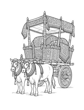 Traditional Sindhi Bullock Cart with Oxen and Covered Carriage Line Art