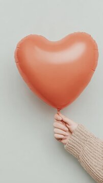 Hand holding heart-shaped balloon against neutral background