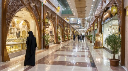 Fototapeta premium Elegant arabian shopping mall with intricate design and warm lighting ambiance