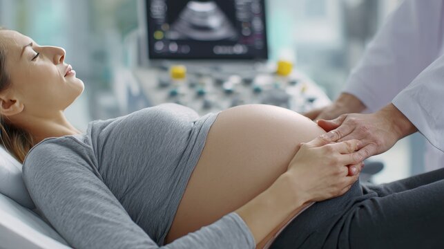 Pregnant woman receiving ultrasound examination in medical clinic