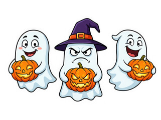 Fototapeta premium Three cartoon ghosts holding pumpkins for halloween isolated on transparent background