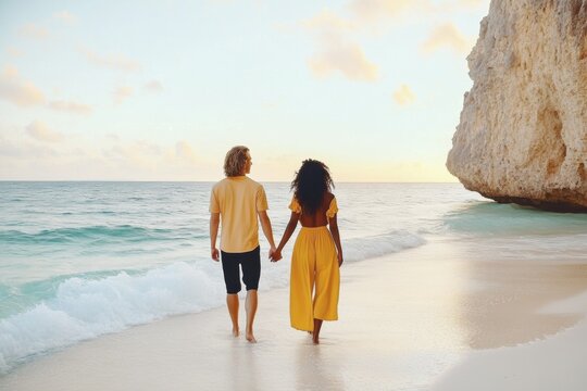 Couple strolling hand in hand on a scenic beach at sunset