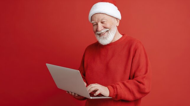 Elderly man in santa hat enjoying laptop on festive red background