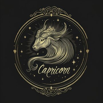 Elegant Capricorn zodiac symbol in gold with ornate design on black background
