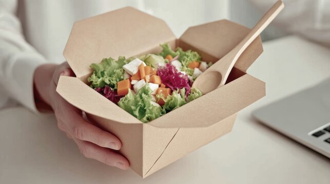 Eco-friendly takeout box with fresh salad and wooden utensil for sustainable dining