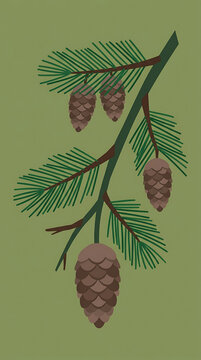 Evergreen branch with brown pinecones illustration