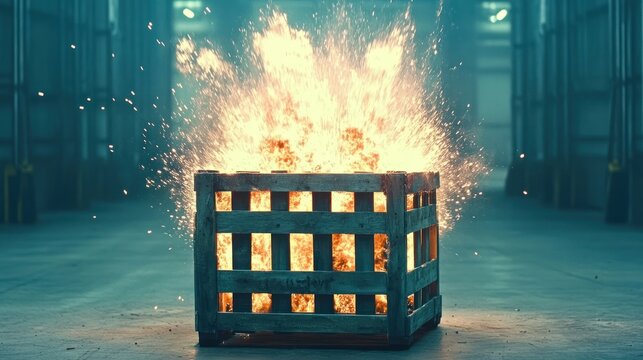 Burning wooden crate on fire.