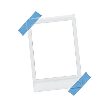 Blank instant frame secured with two pieces of light blue adhesive tape at opposite corners isolated on a transparent background
