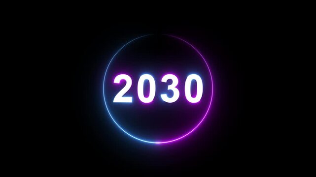 2030 neon glowing text countdown with circular light animation on black background, new year