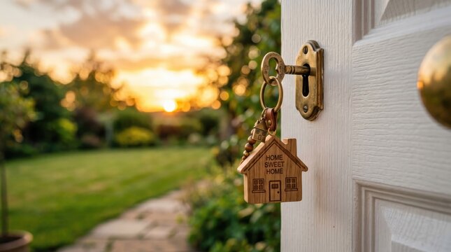 Key with house charm hanging on front door at sunset