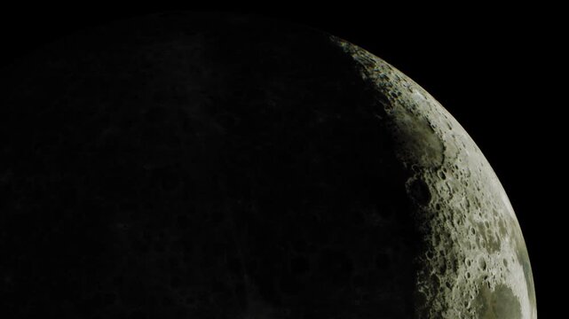 The scene shows the moon from space with a view of its surface details and shadows. This view captures the craters and texture of the moon at night.