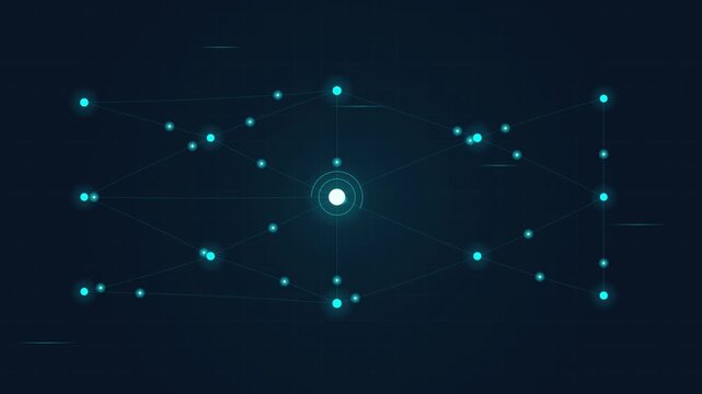 Abstract Digital Network Visualization with Glowing Cyan Nodes and Interconnected Geometric Lines on a Dark Background