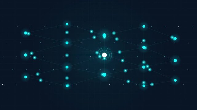 Abstract digital network connection background with glowing blue nodes and cyber security data visualization concept