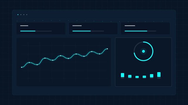 Modern futuristic data visualization dashboard with cyan neon infographics, analytics line charts and progress indicators on dark background