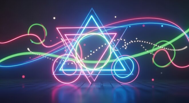 A vibrant neon hexagram with glowing circles and abstract light trails on a reflective surface.