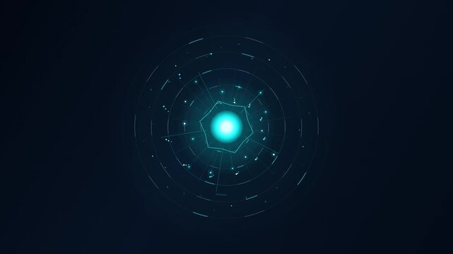 Abstract futuristic digital HUD interface element with glowing blue core and concentric circles on dark background