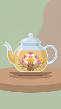 Minimalist glass teapot with blooming floral tea