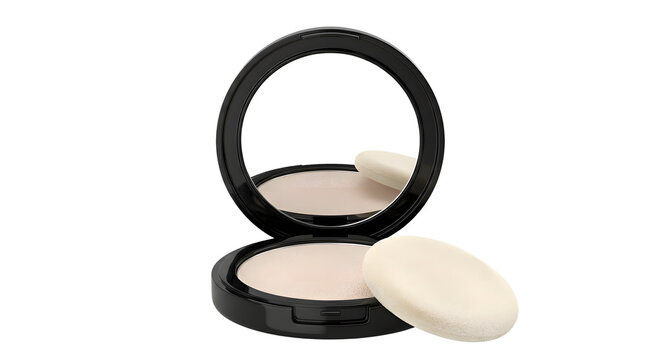 Black compact face powder open with soft makeup puff