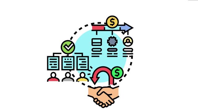 Illustrating the financial reconciliation process, showing money flow, payment processing, transaction data, bank operations, and completed agreements between parties