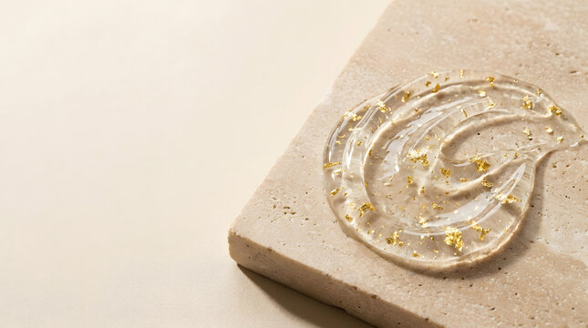 Macro View Of Clear Tremella Mushroom Hydrating Gel Swatch Infused With 24K Gold Flecks On Travertine Stone Slab