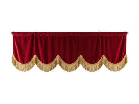 Red velvet theater valance with gold fringe hanging against a black background. Crimson valance decorating a cinema stage or luxury window for performance and grand opening announcement graphics.