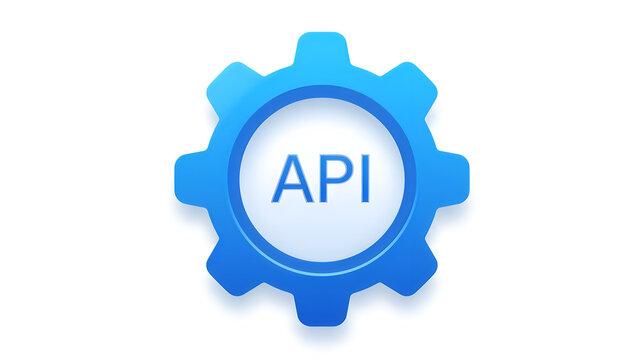 Blue gear icon with API text for software development and system integration concepts.