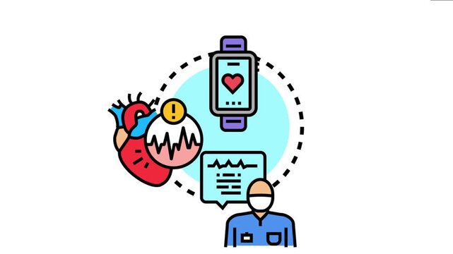 Heartbeat monitoring system a smartwatch tracking pulse, a human heart symbol with an abnormal rhythm warning, and medical personnel observing health data on a screen