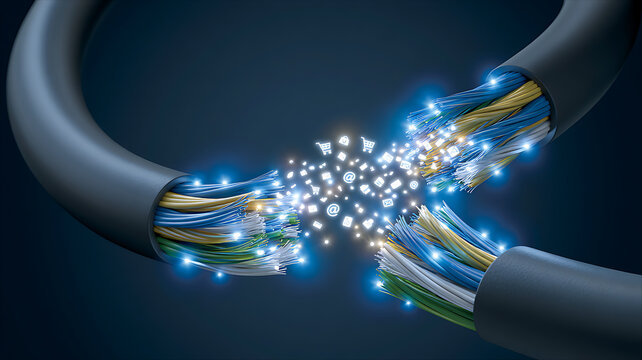 Broken data cable with glowing fiber optic wires and floating digital icons