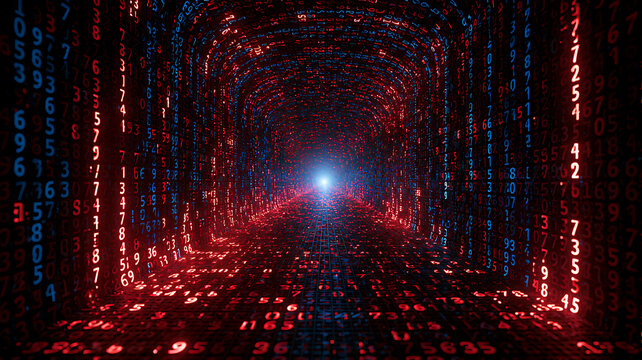 Abstract cyberspace data tunnel with glowing red and blue numbers