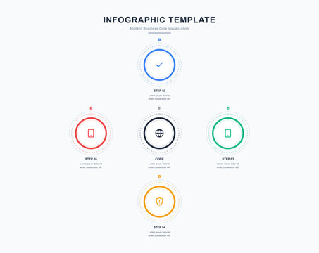 Infographic Template with Four Colorful Circle Icons. Business Process and Timeline Design. Step by Step Layout with Minimalist Vector Elements and Modern Layout