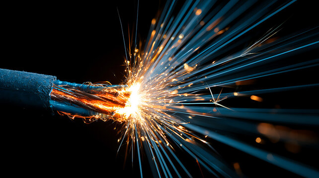 Short circuit with sparks and glowing electric wires on black background
