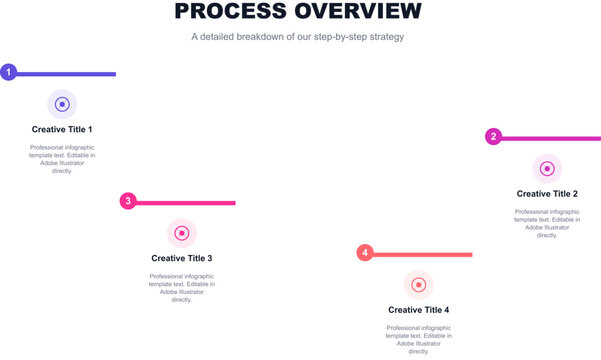 Abstract timeline with four distinct stages and points, featuring numbers and lines, vertical infographic template with colorful neon display for business presentations