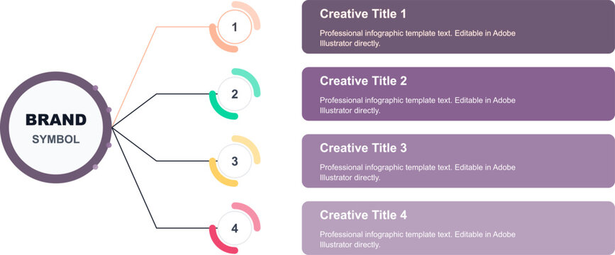 Brand Logo Template Vector. Circular Icon Design. Presentation Infographic with Creative Titles. Business Scheme Illustration. Purple and White Marketing Layout. Corporate Branding.