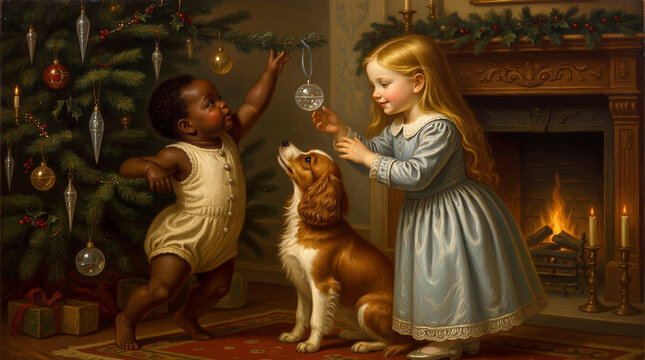 Two diverse young children and a pet dog admiring a glowing ornament on a christmas tree by a cozy fireplace in a warm living room