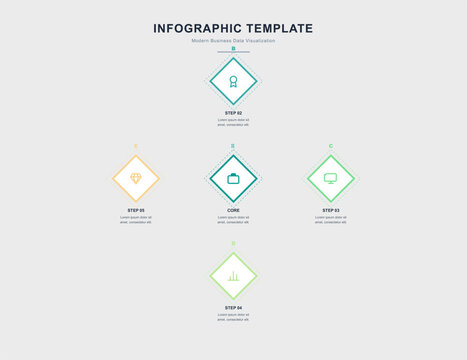 Infographic Template, 5 Step Diamond Illustration, Minimalist Business Graphic, Modern Design Layout, Vector Flowchart Presentation Element, Orange, Teal, Green Abstract Symbols