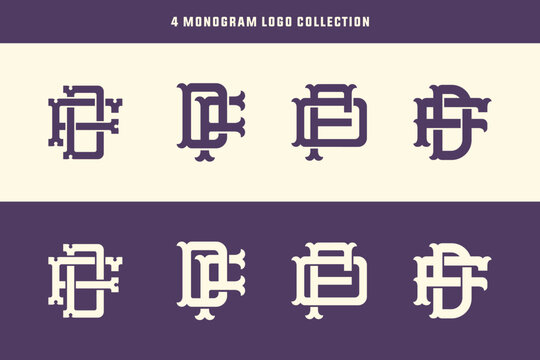 Vintage collection of four interlocking monogram logos with letters D and F in classic serif style.