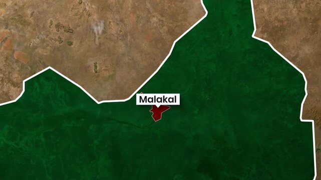 South Sudan map animation highlighting the city of Malakal motion clip