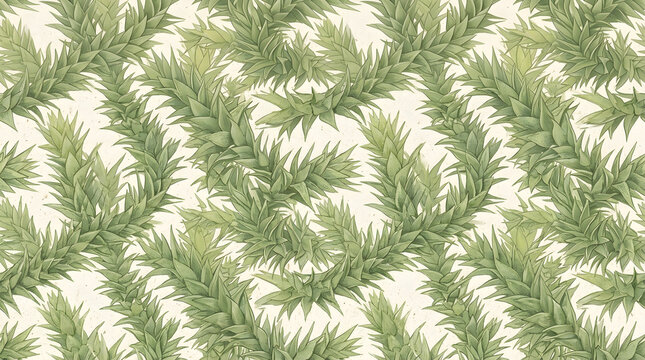 Flat seamless print of overlapping monkey puzzle leaves in soft warm green tones on fine textured paper background for wallpaper design ideal for wall art and framed print projects