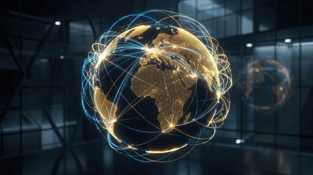 Glowing digital globe showing worldwide network connections and data exchange in a modern office with connections