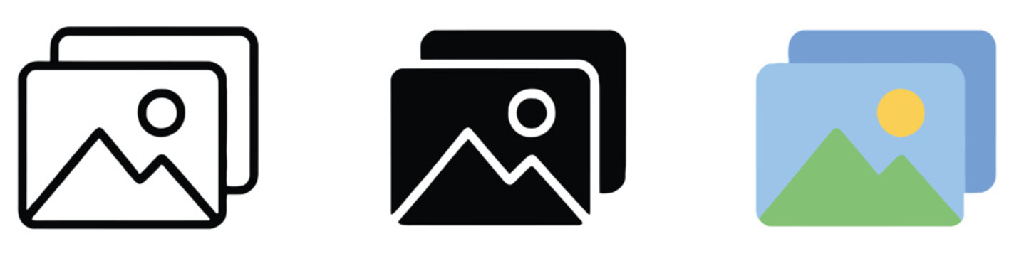 Image icon featuring picture symbol, photo album, gallery, snapshot, photograph button, and painting frame concept