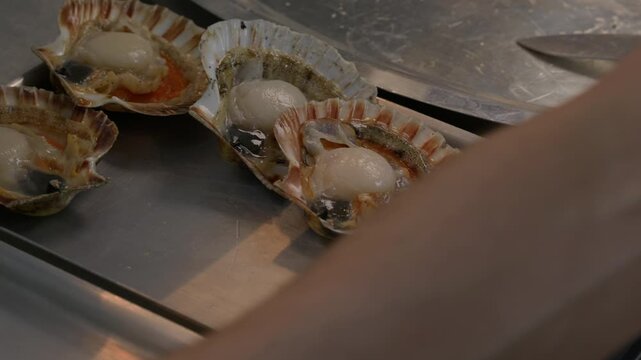 Close-up of hands opening scallop shells and removing fresh meat at a kitchen station.