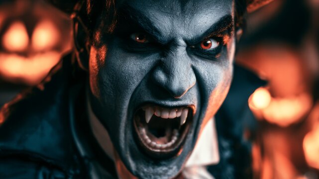 Male vampire with fangs growling in a Halloween-themed setting  