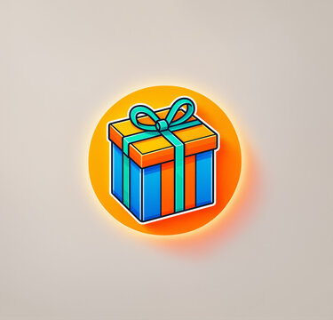 vibrant blue and orange square gift box illustration wrapped with a cyan ribbon and tied bow placed inside a bright yellow glowing circle