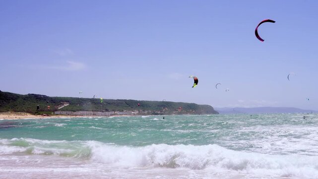 Kite surfers at Trafalgar beach, Cadiz, Spain